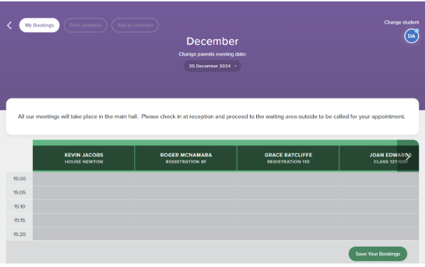 Screenshot of the parents' evening booking screen, displaying the 'Save Your Bookings' button in the bottom-right corner.